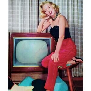 Lady By TV Set Vintage 1950's Art Print Retro A Sheer Titled On The Beam Litho